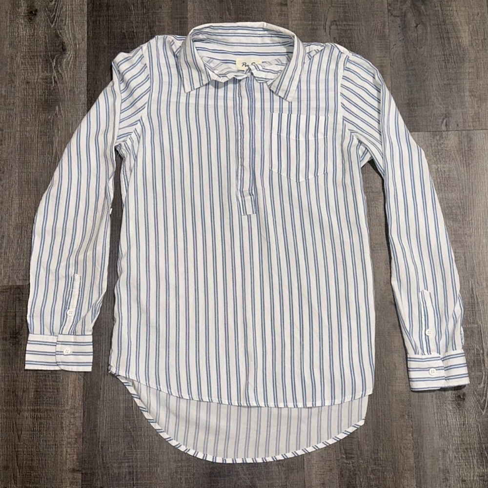New Women’s Size Small Per Se Half Button Down White & Blue Striped Blouse